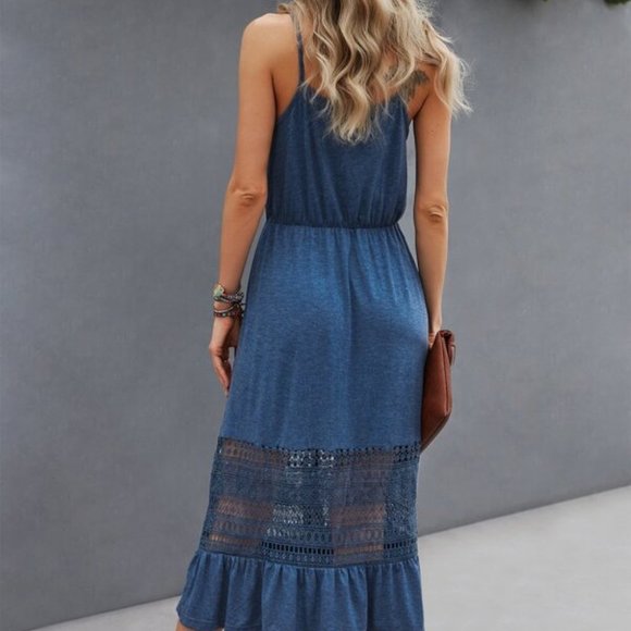 Blue Lace Buttons detail Ruffle Hem Cami Dress - Picture 3 of 5